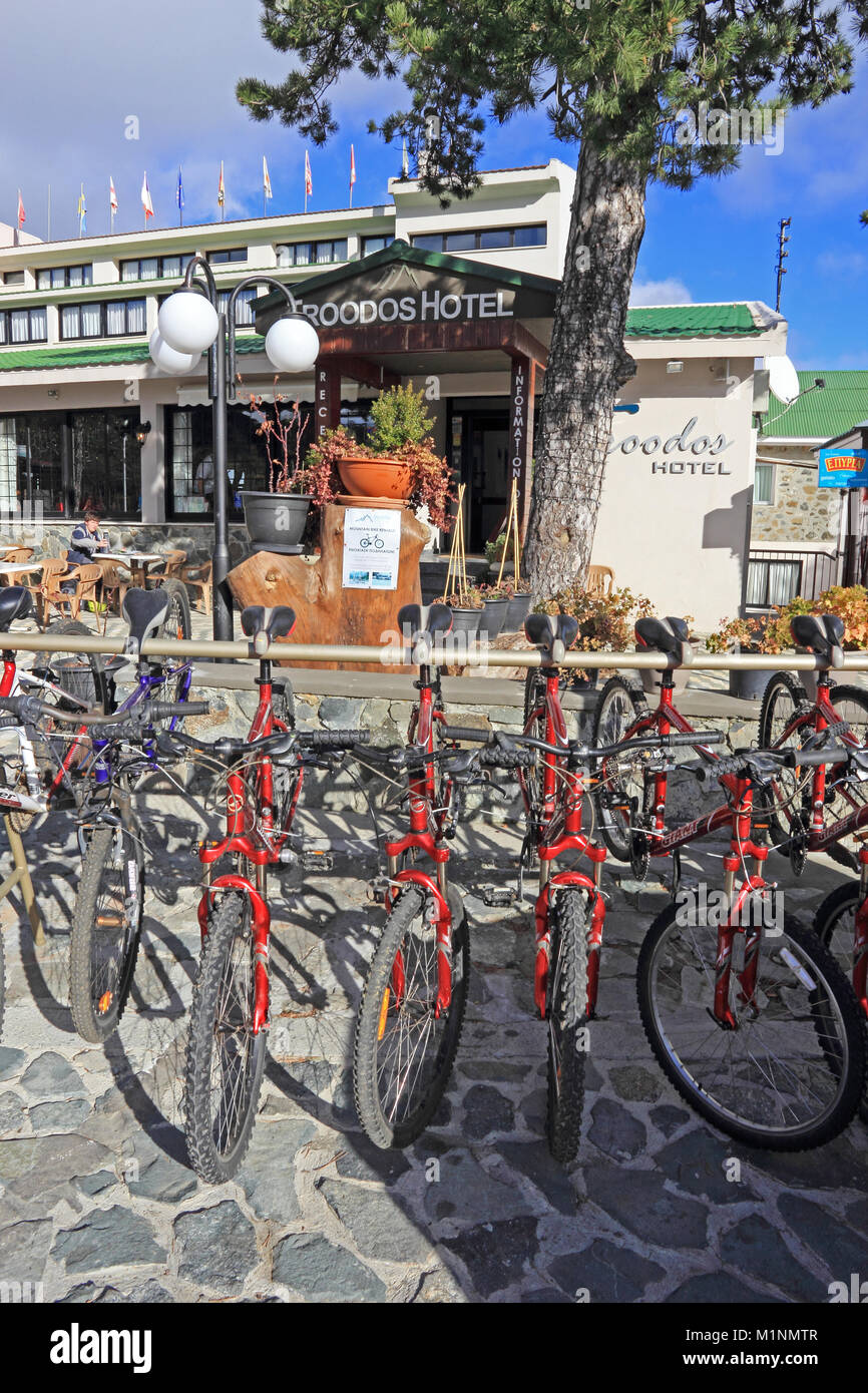 Rental bicycles outside Troodos Hotel, Troodos, Cyprus Stock Photo