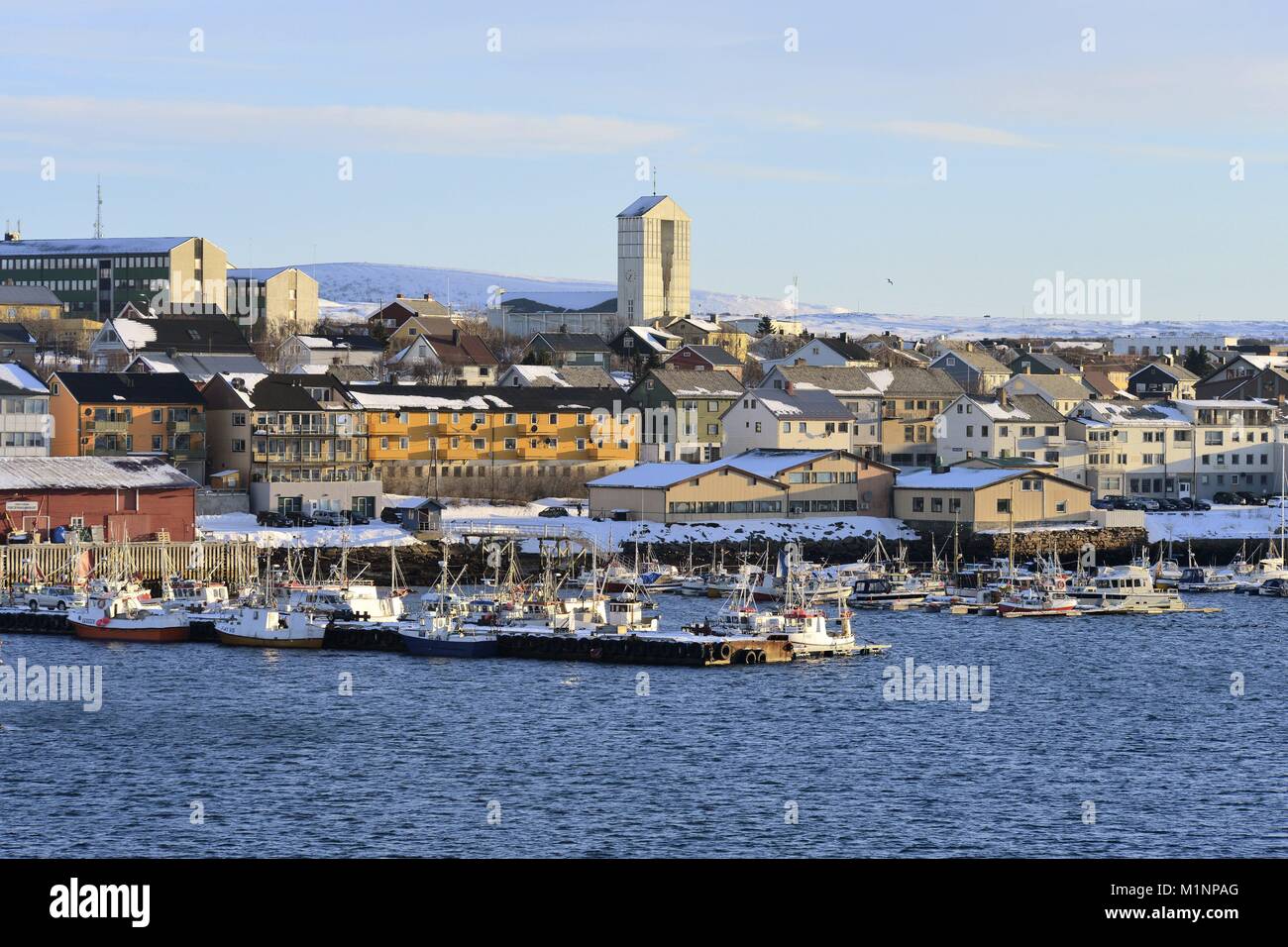 The Norwegian Vadsø with harbour and recreational crafts and a big ...