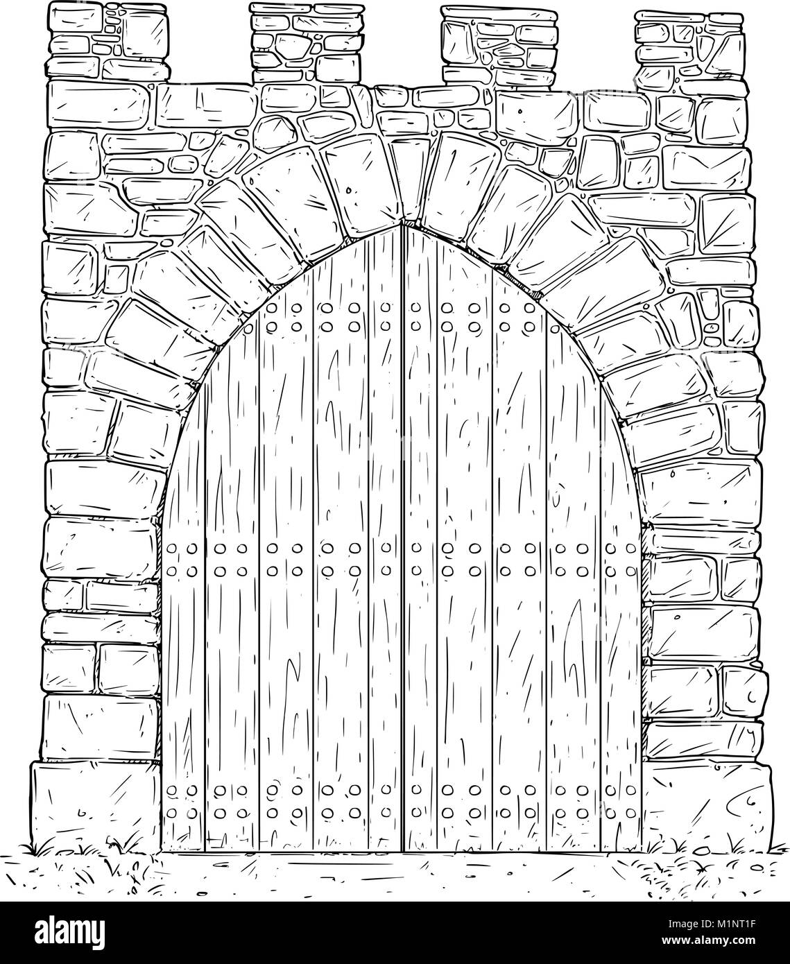 Cartoon Vector of Stone Medieval Decision Gate Closed by Wooden Door Stock Vector