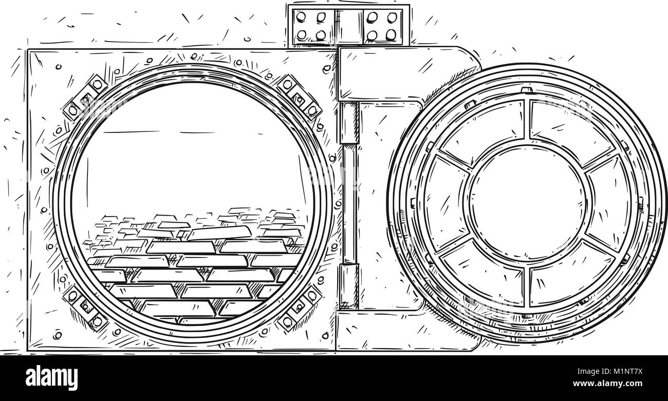 Cartoon Vector Drawing of Open Vault Door With Gold Bars Stock Vector