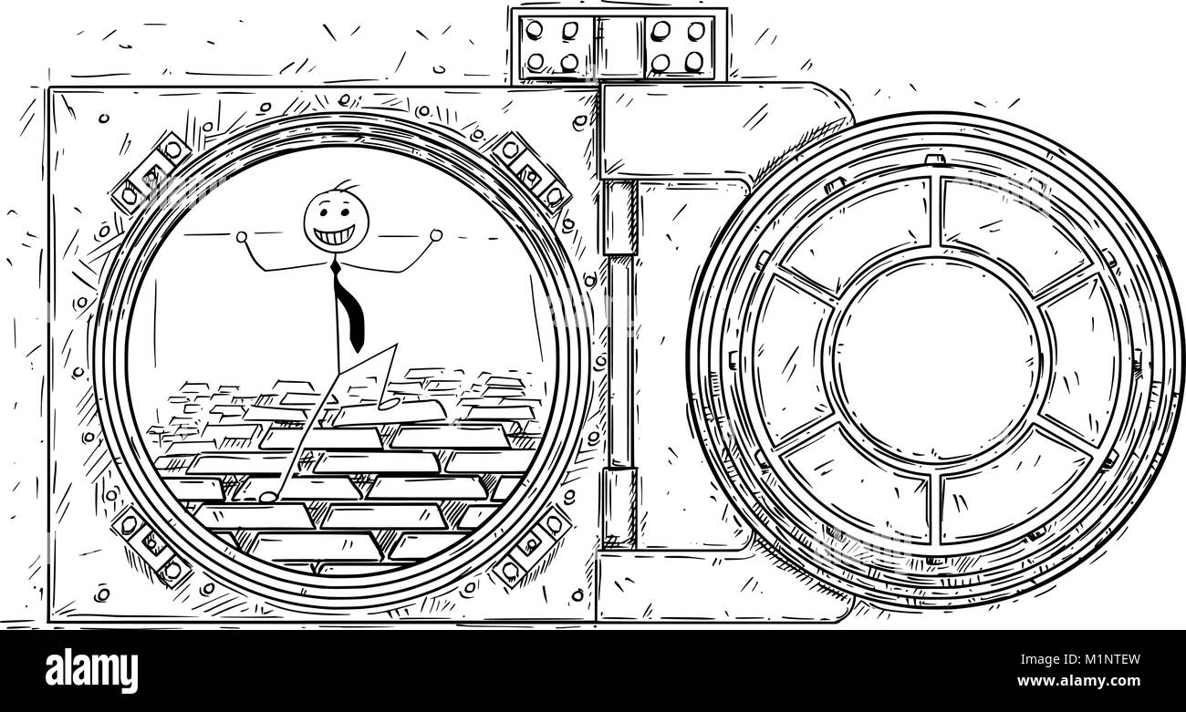 Cartoon Drawing of Open Vault Door With Gold Bars and Happy Businessman Stock Vector