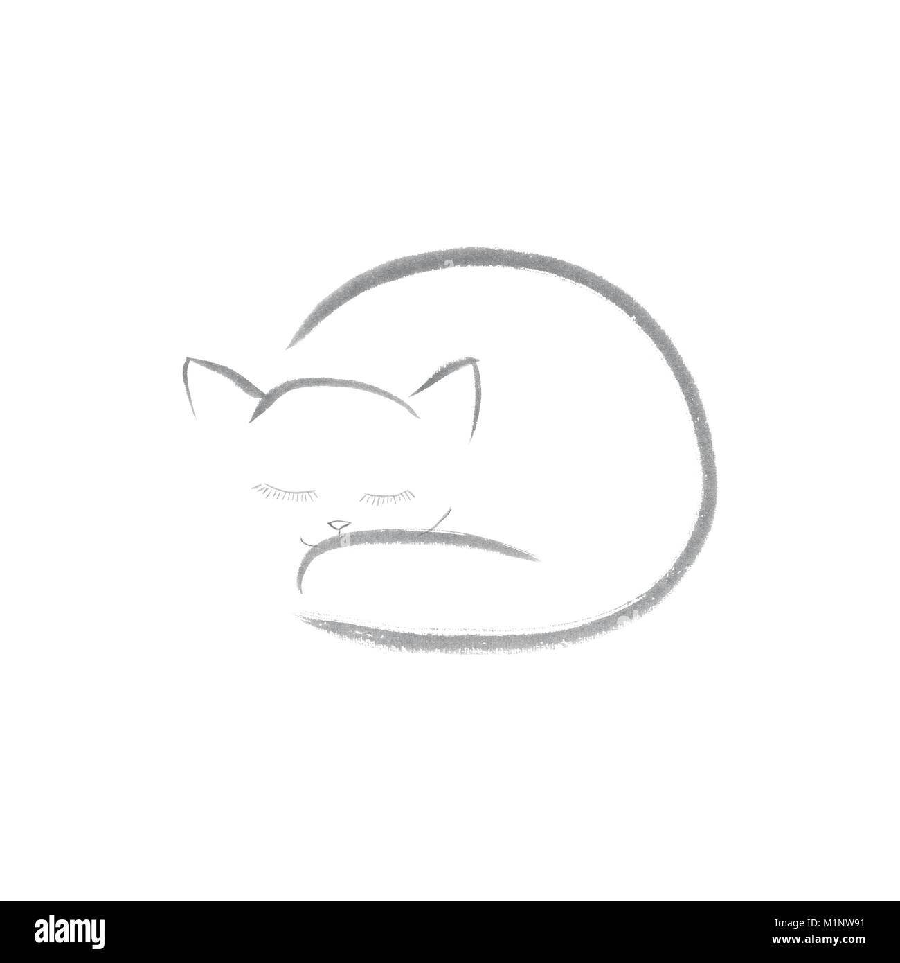 Beautiful artistic design of a cute sleeping kitty cat, ink painting artwork illustration gray on white background. Stock Photo