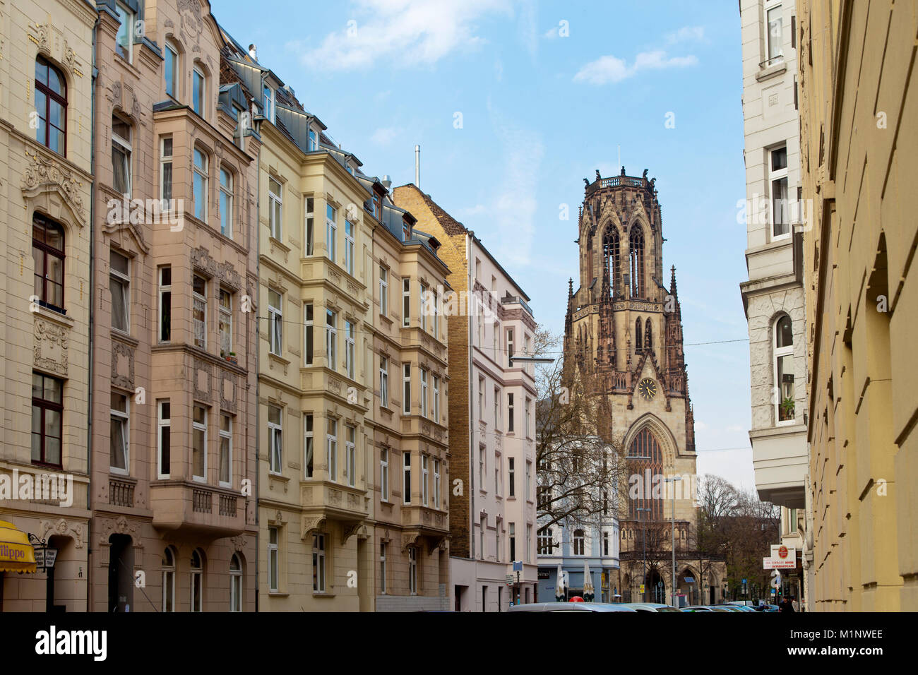 Germany, Cologne, houses at the Ewaldistreet in the Agnes District, Agnes church. Deutschland