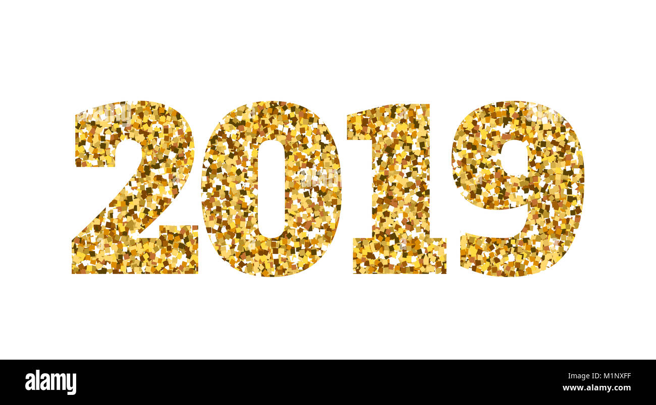 Happy new 2019 year. Gold glitter particles and sparkles. Holidays ...