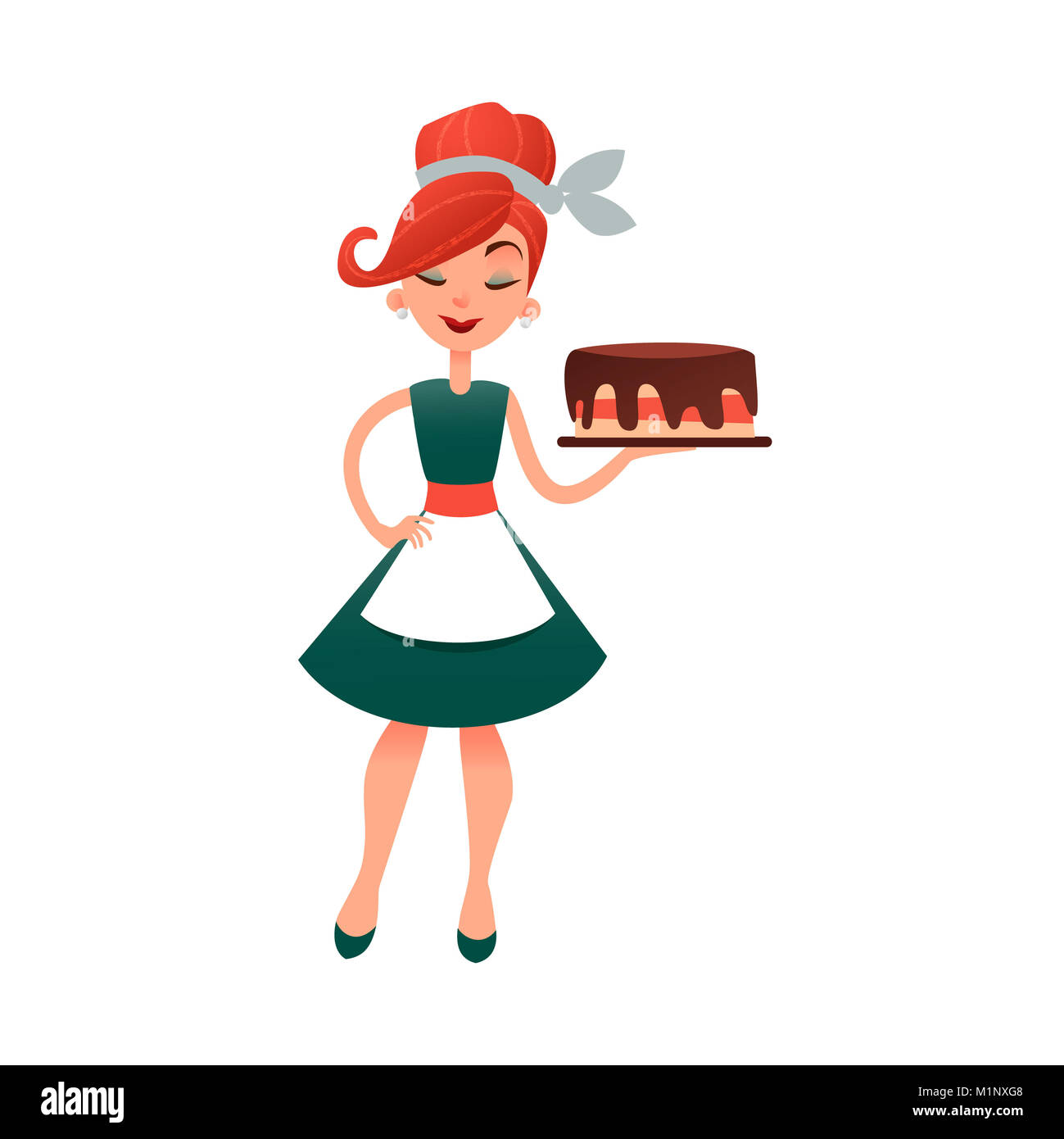 Funny cartoon housewife with cake. Happy homemaker with bakery product. Beautiful woman in old retro style. Young lady baking pie. Stock Photo