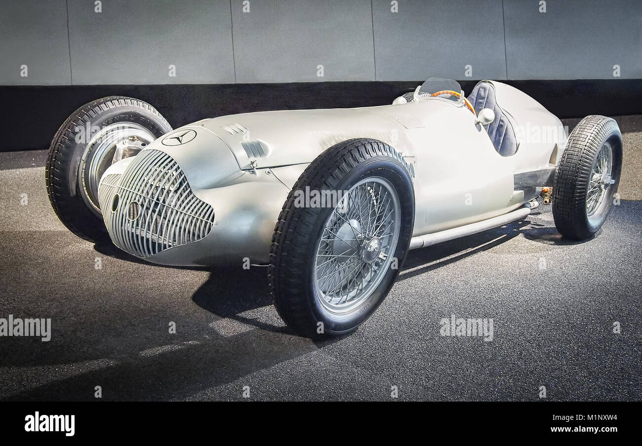 STUTTGART, GERMANY-APRIL 7, 2017: 1938 Mercedes-Benz W 154 3-liter racing car in the Mercedes Museum. This car was driven by Rudolf Caracciola. Stock Photo