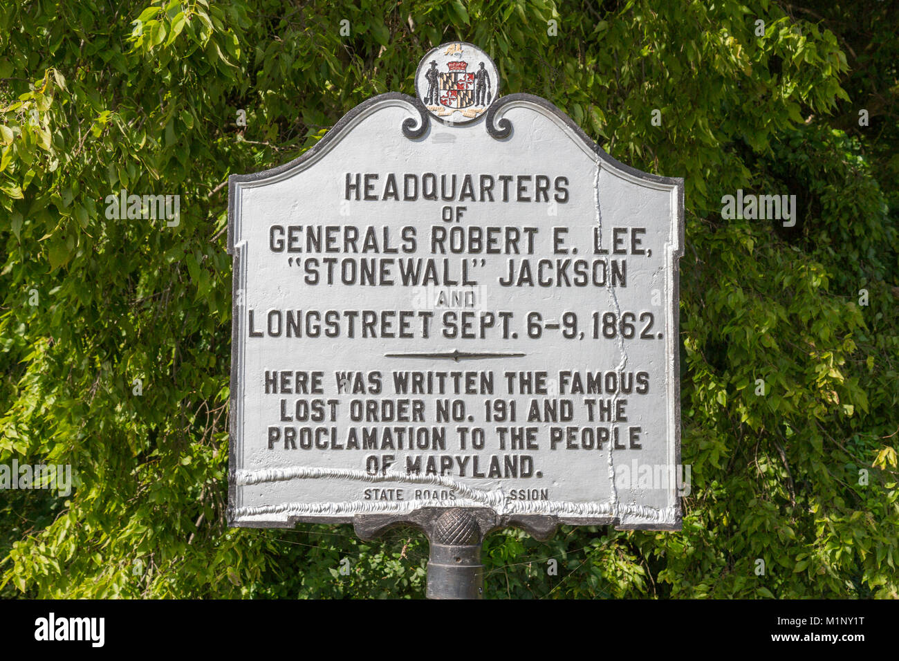 The Lost Order wayside marker & Gen Robert E Lee's Confederate HQ, Monocacy National Battlefield, Frederick, MD, USA Stock Photo