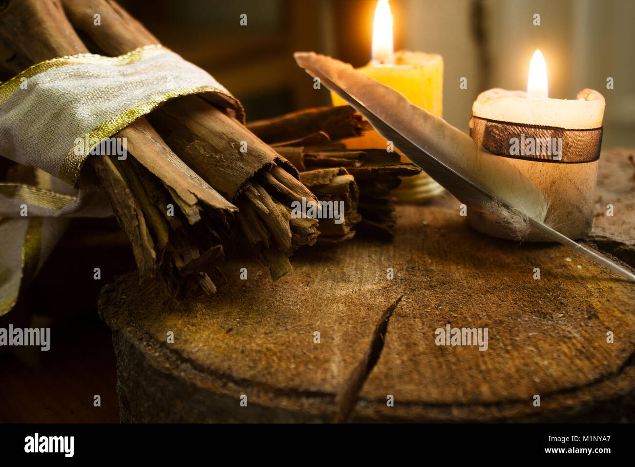 Cinnamon sticks on wood with candles, and feather Stock Photo
