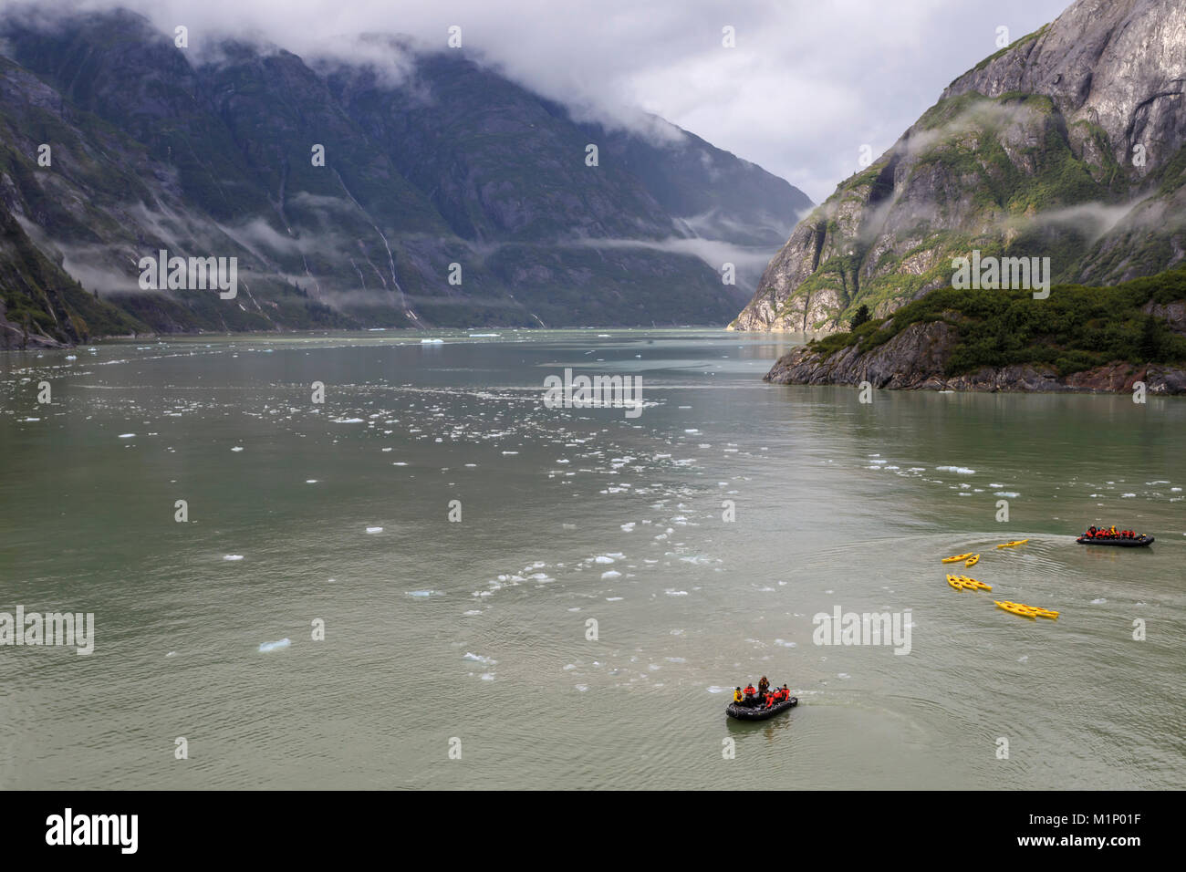 Kayak expedition preparations, Tracy Arm Fjord, clearing mist, icebergs and cascades, near South Sawyer Glacier, Alaska, USA, North America Stock Photo