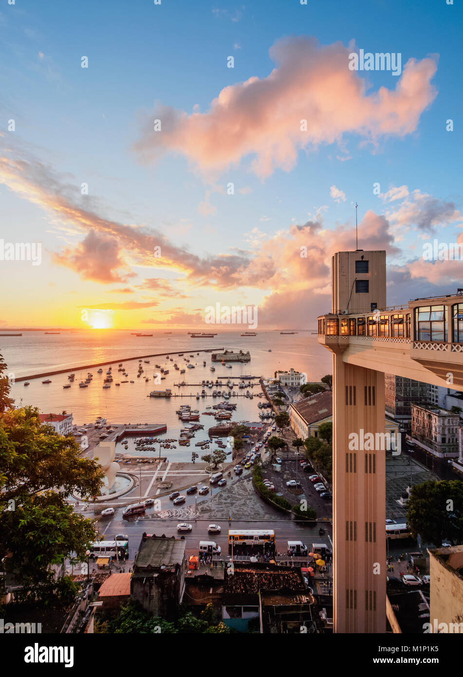 Lacerda Elevator at sunset, Salvador, State of Bahia, Brazil, South America Stock Photo