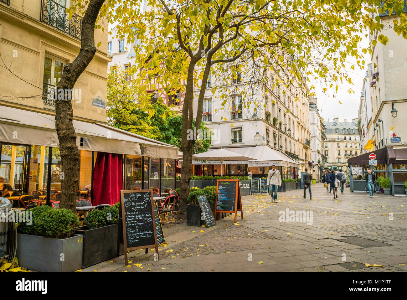 Paris street in Les Halles district with bars and restaurants Stock