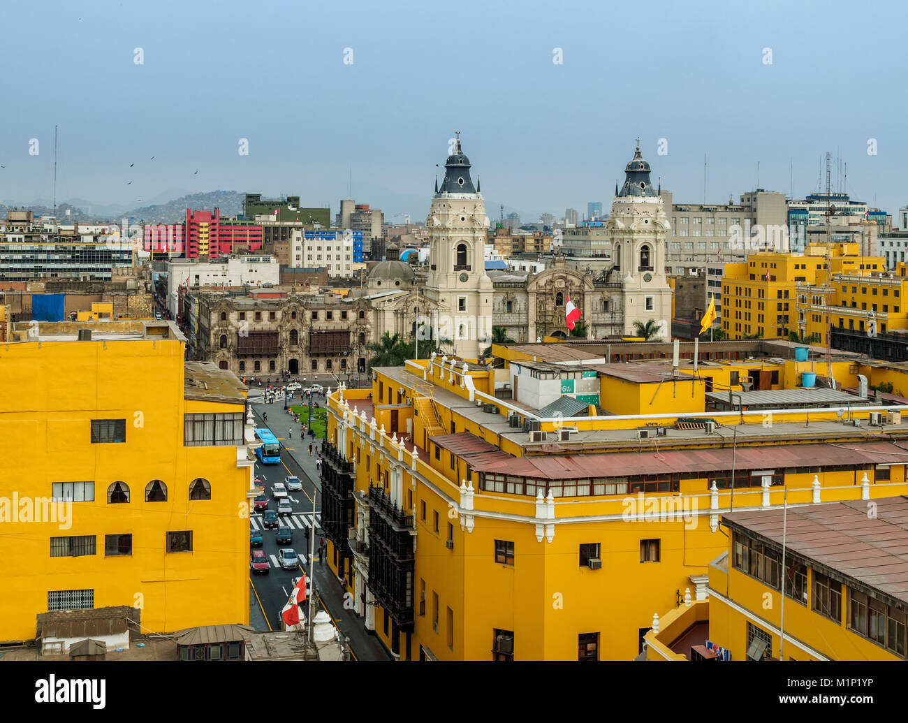 Old Town and Cathedral, elevated view, Lima, Peru, South America Stock Photo