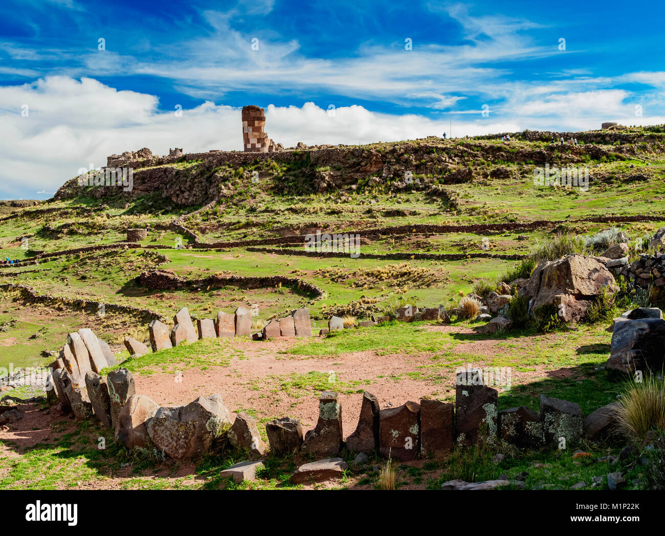 Stone Circle and Chullpa in Sillustani, Puno Region, Peru, South America Stock Photo