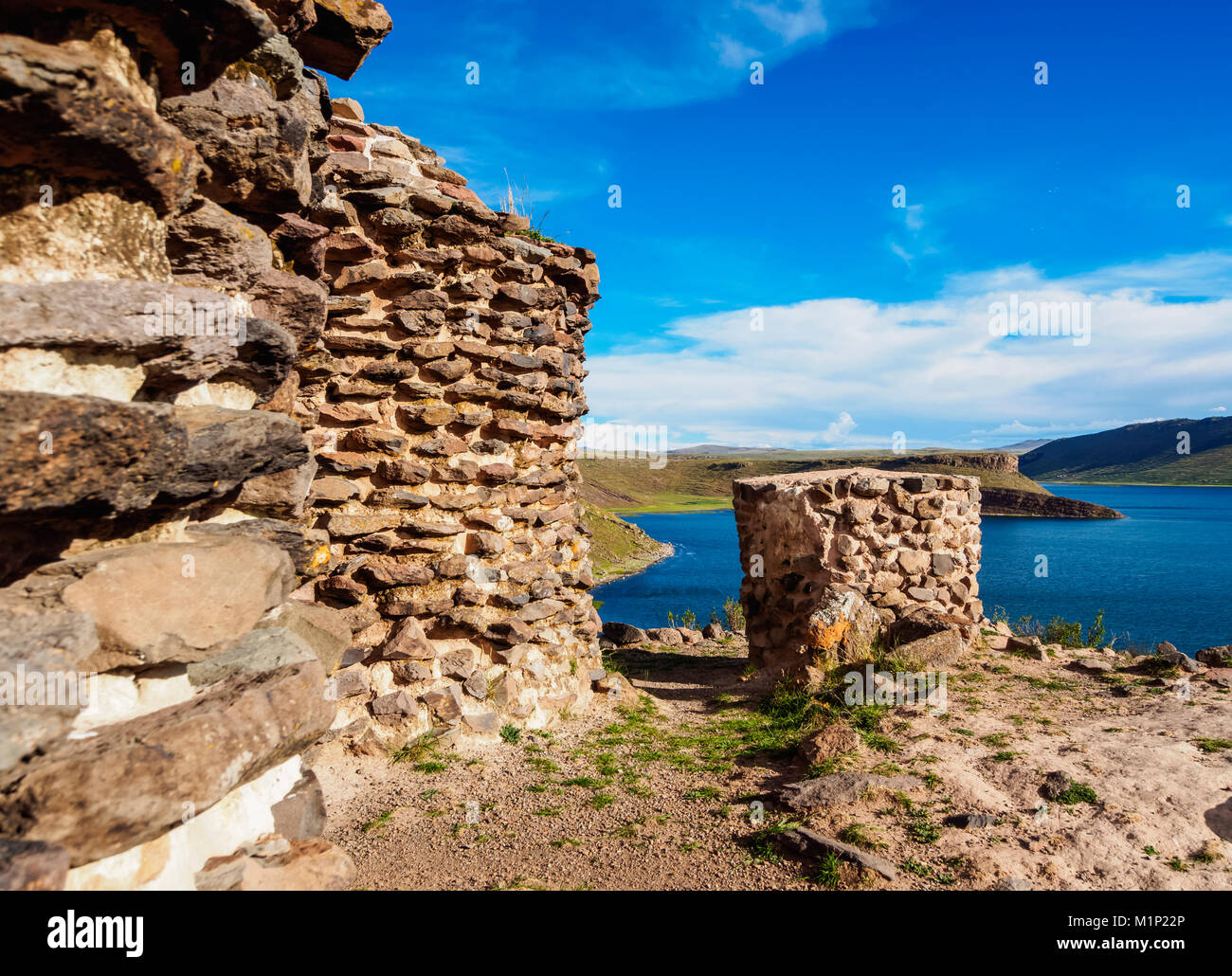 Chullpas by the Lake Umayo in Sillustani, Puno Region, Peru, South America Stock Photo