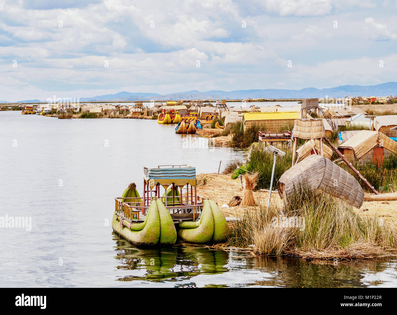 Uros Floating Islands, elevated view, Lake Titicaca, Puno Region, Peru, South America Stock Photo