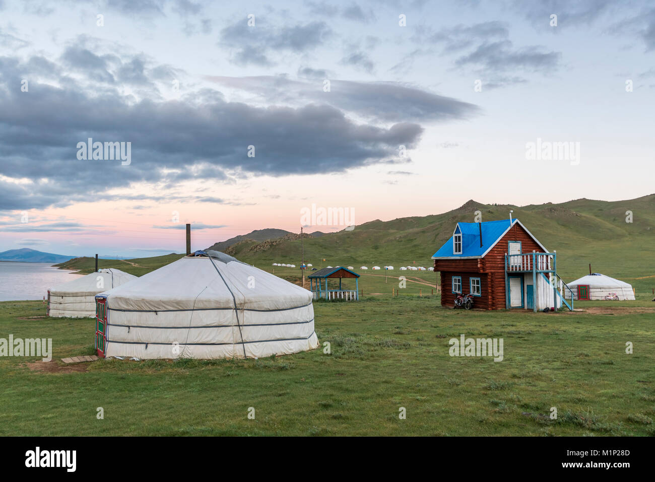 Wooden house and gers on the shores of White Lake, Tariat district, North Hangay province, Mongolia, Central Asia, Asia Stock Photo