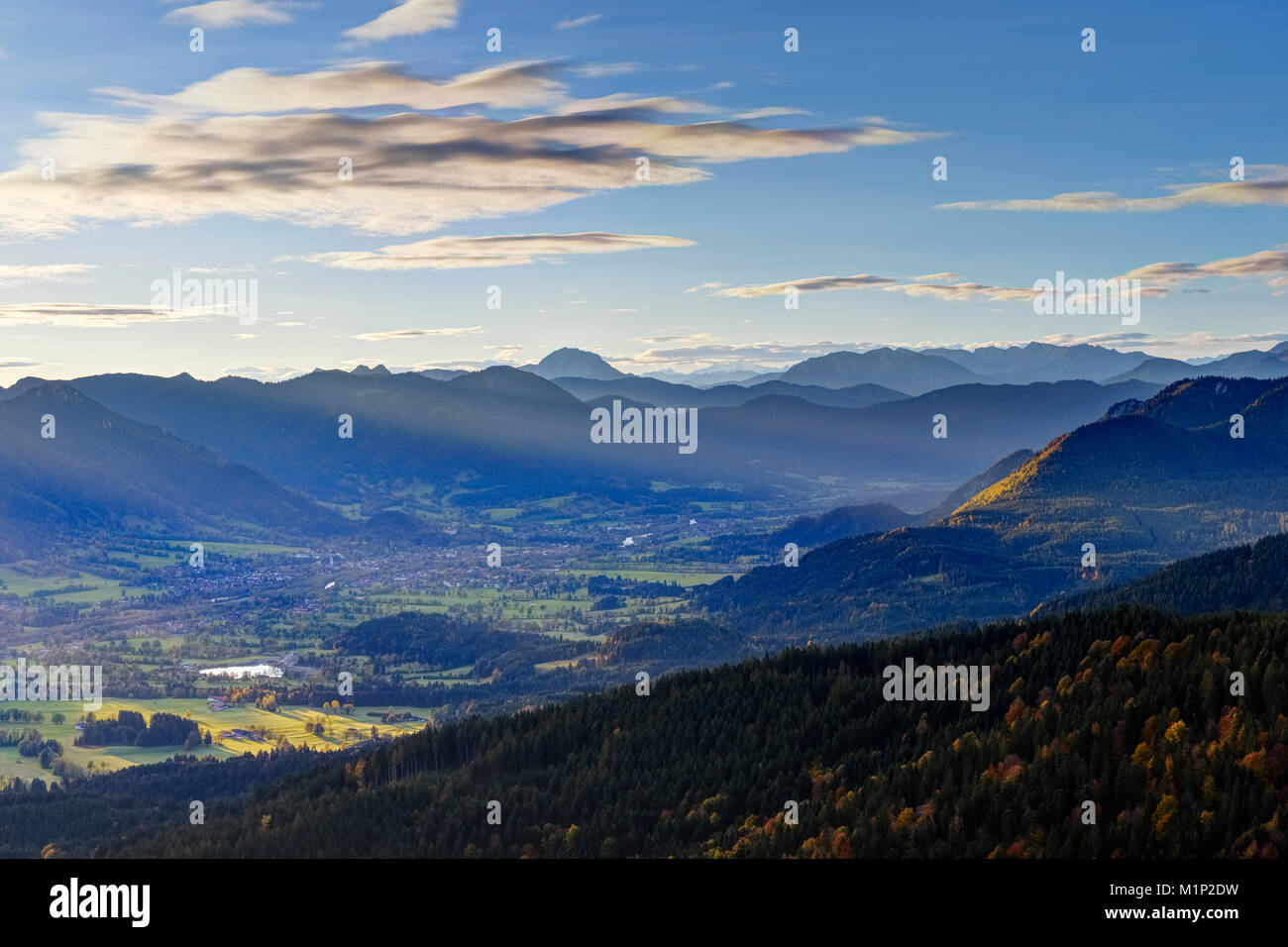 View from Zwiesel over the Isartal with Lenggries,Isarwinkel,Upper Bavaria,Bavaria,Germany Stock Photo
