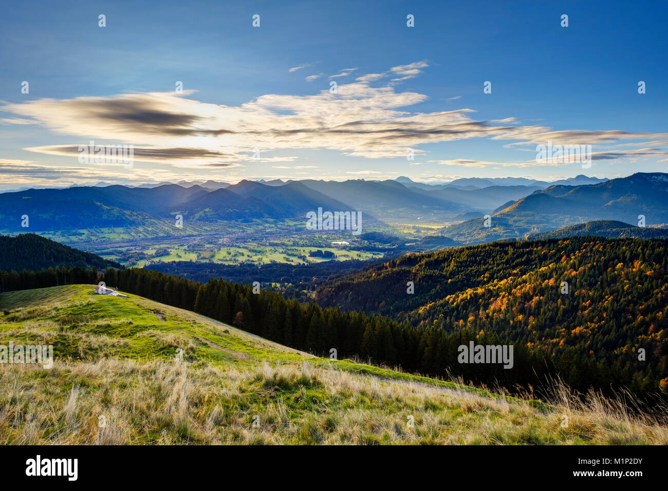 Schnaiteralm,view from Zwiesel over the Isartal with Lenggries,Isarwinkel,Upper Bavaria,Bavaria,Germany Stock Photo
