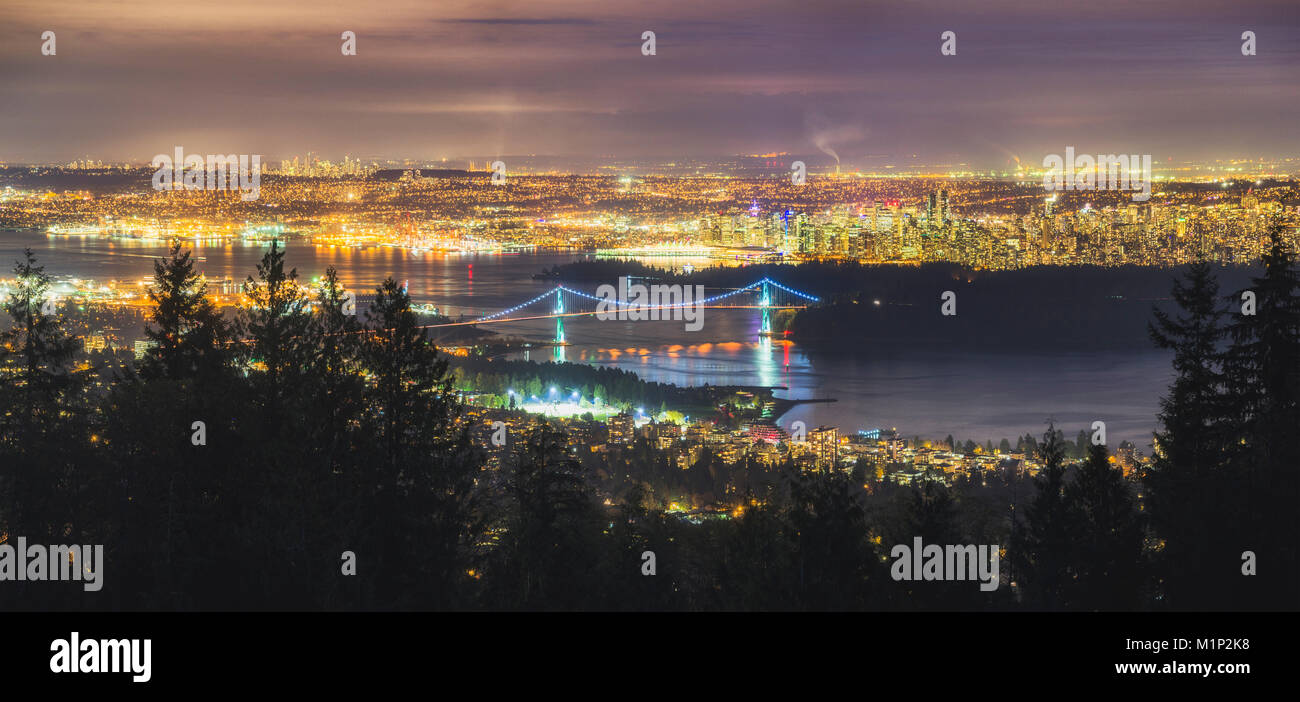 Vancouver city skyline panoramic view at night, Vancouver, British ...