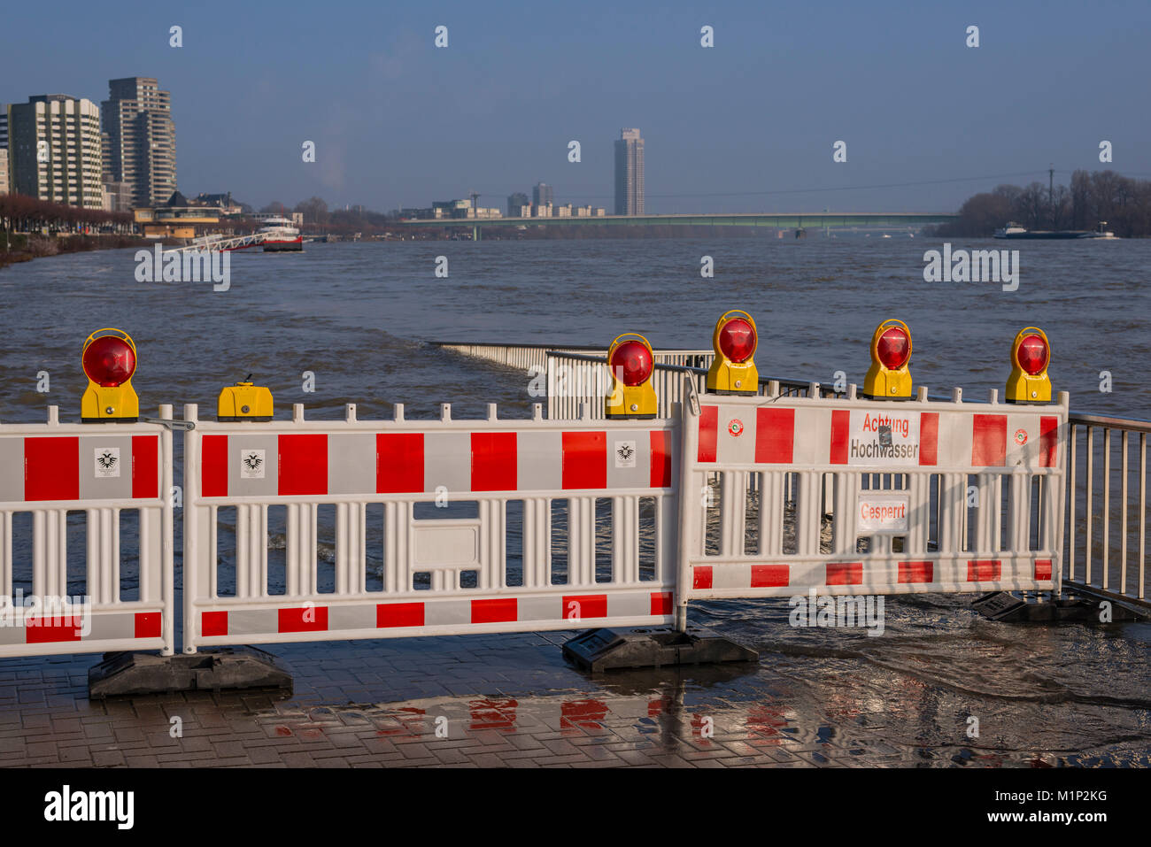 Barrier at a ship landing stage on the Rhine during flood,Cologne,North Rhine-Westphalia,Germany Stock Photo