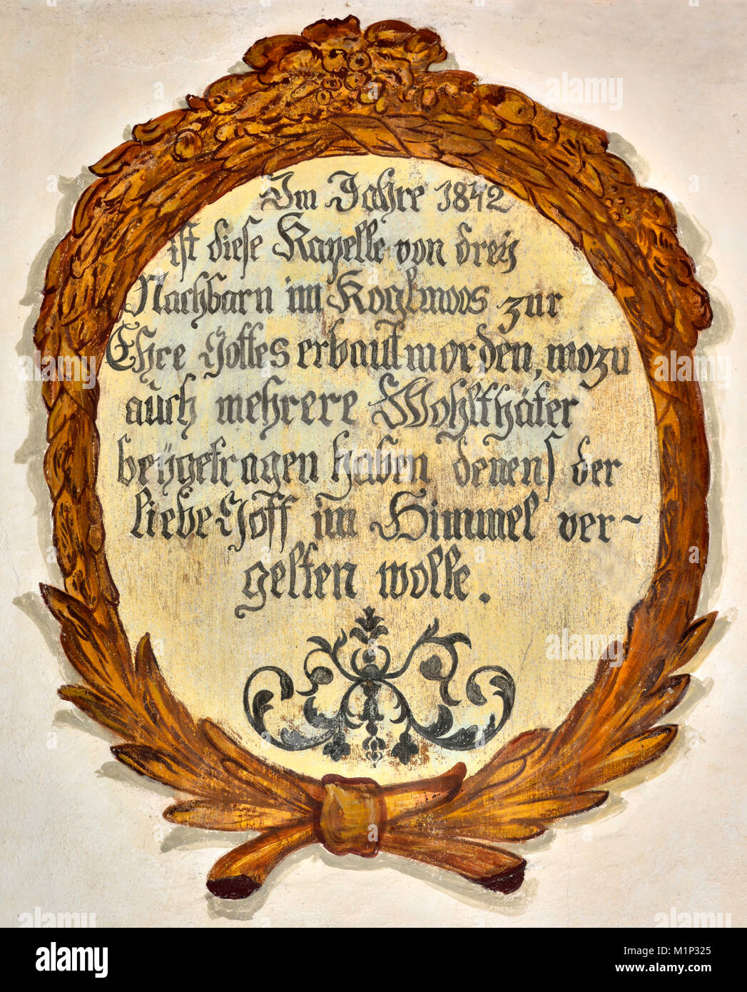 Inscription about the constructors of Koglmoos Chapel,Gallzein,Tyrol,Austria Stock Photo