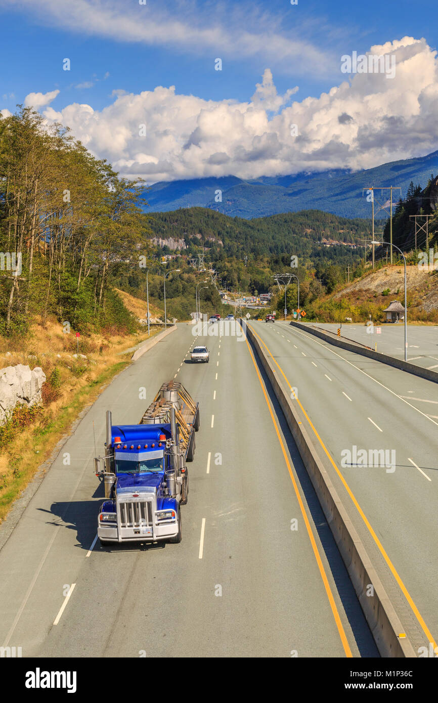 Freighliner on The Sea to Sky Highway near Squamish, British Columbia, Canada, North America Stock Photo