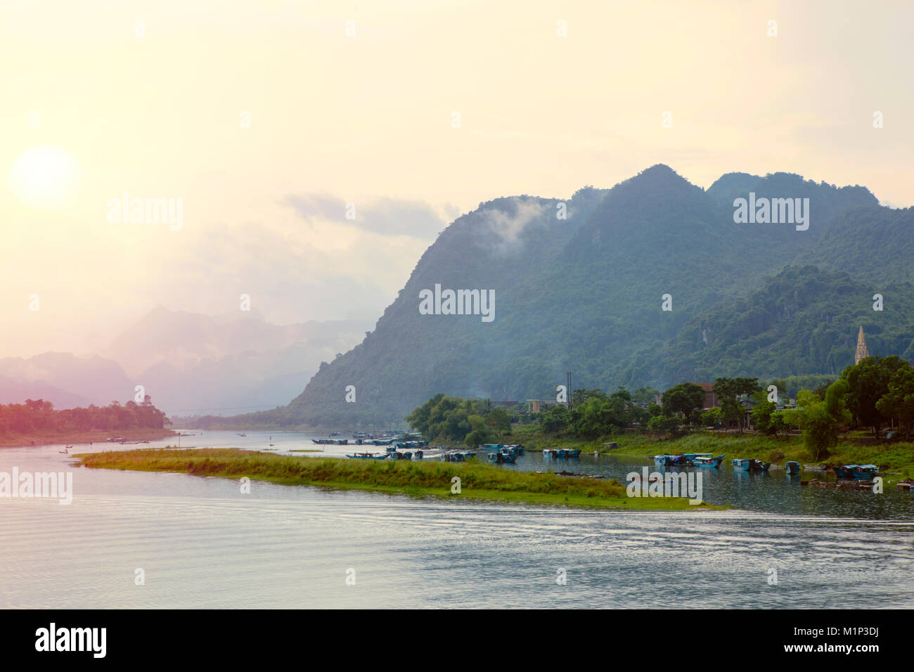 Sunset over the Son River in the Phong Nha Ke Bang National Park, Quang Binh, Vietnam, Indochina, Southeast Asia, Asia Stock Photo