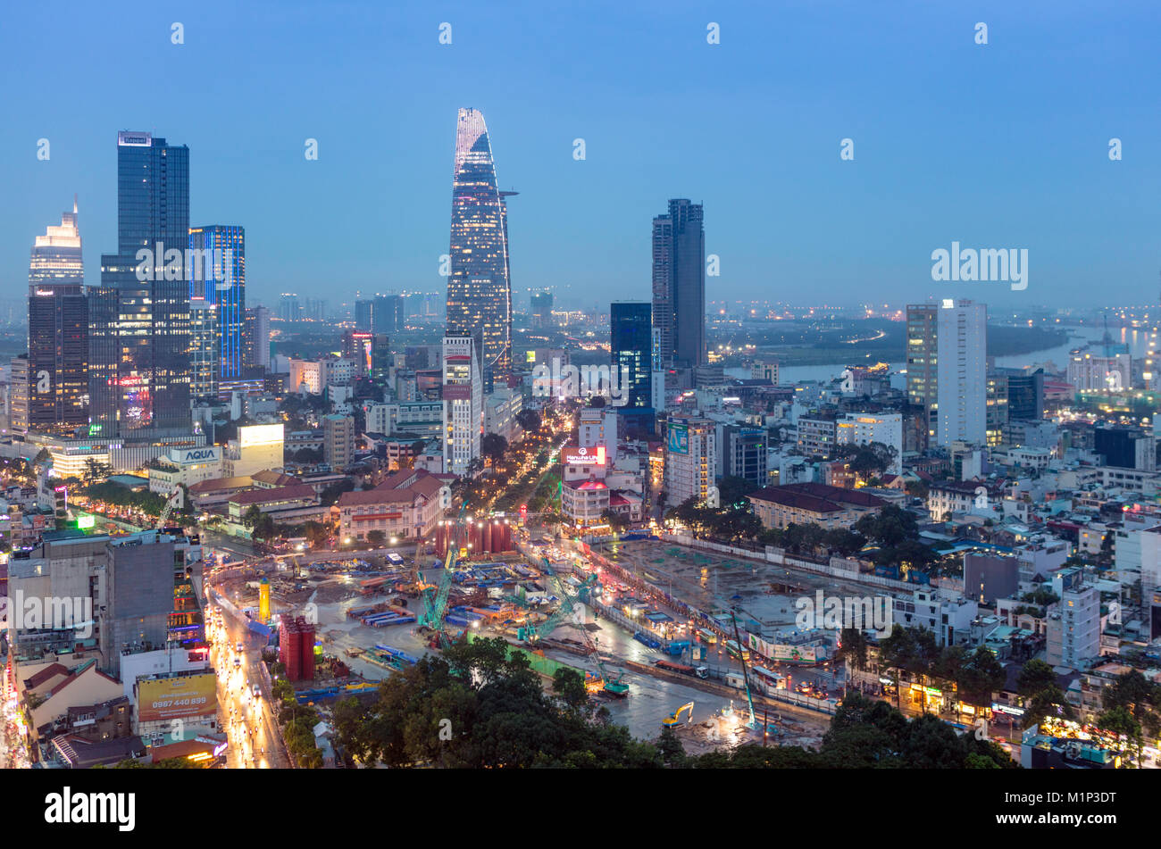 City skyline at night showing the Bitexco tower, Ho Chi Minh City (Saigon), Vietnam, Indochina, Southeast Asia, Asia Stock Photo