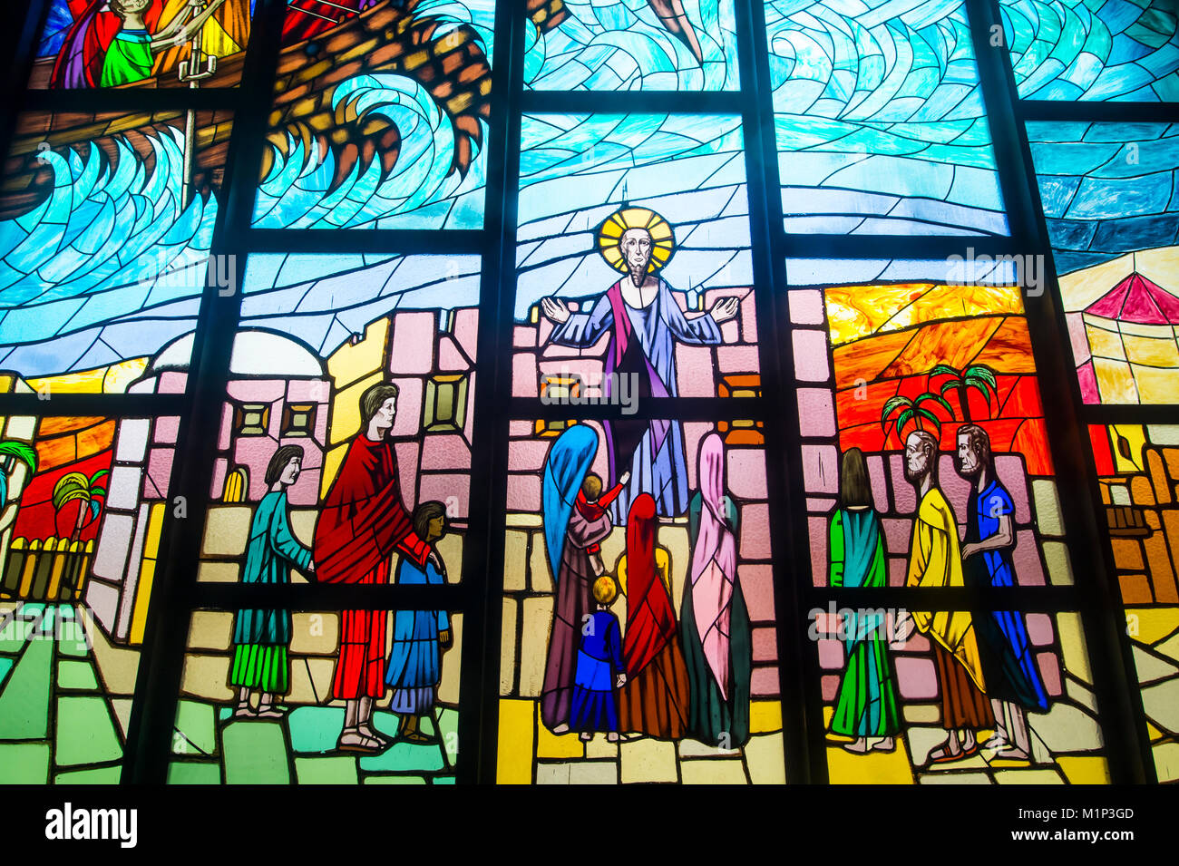 Stained glass in the interior of St. Paul's Cathedral, Abidjan, Ivory Coast, West Africa, Africa Stock Photo