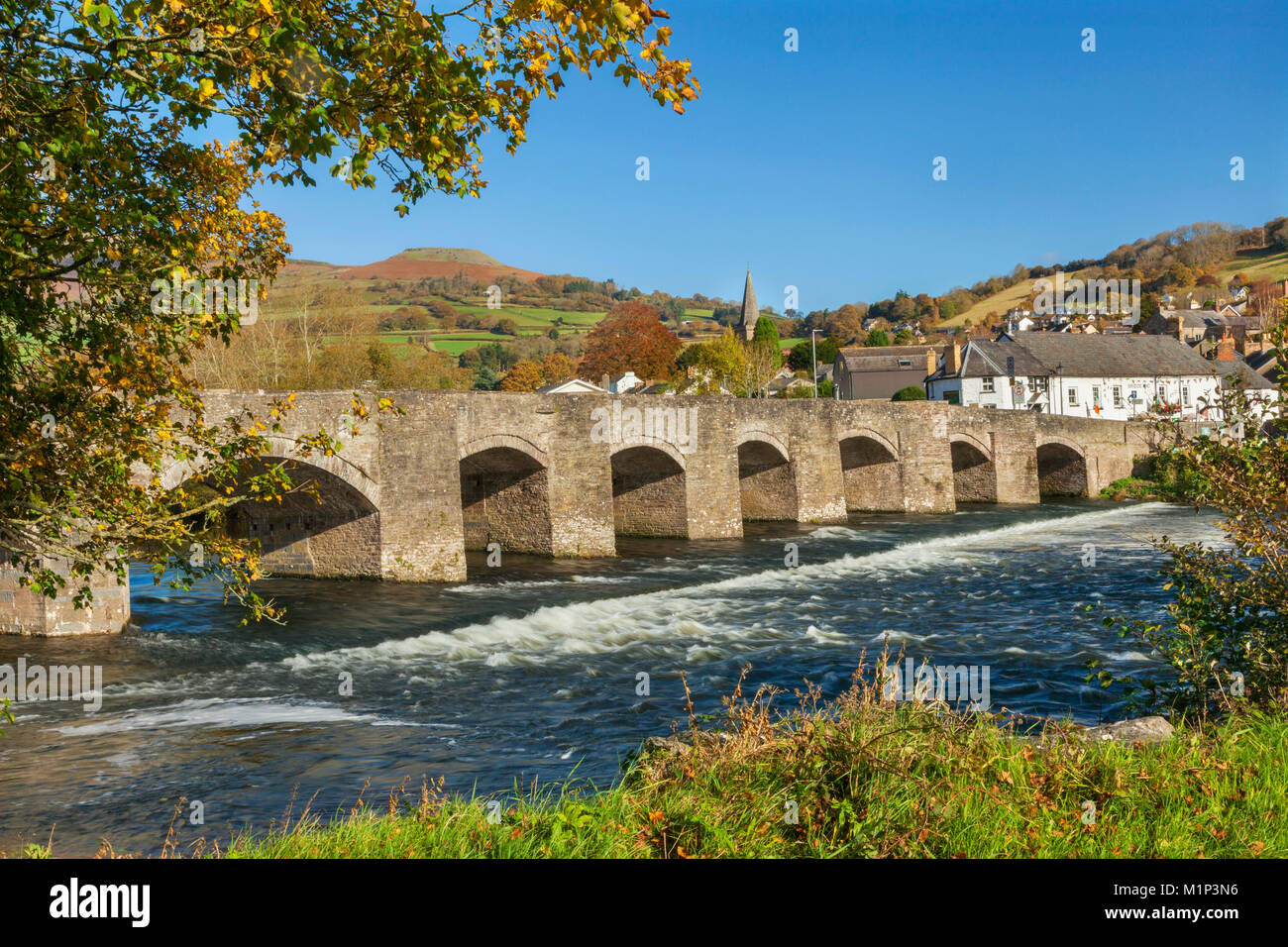 Bridge over River Usk, Crickhowell, Powys, Brecon, Wales, United Kingdom, Europe Stock Photo