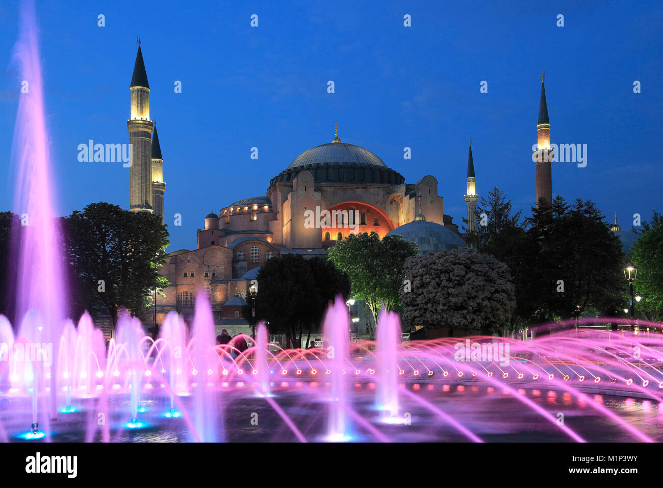 Hagia Sophia (Aya Sofya) at night, UNESCO World Heritage Site, Sultanahmet Square Park, Istanbul, Turkey, Europe Stock Photo