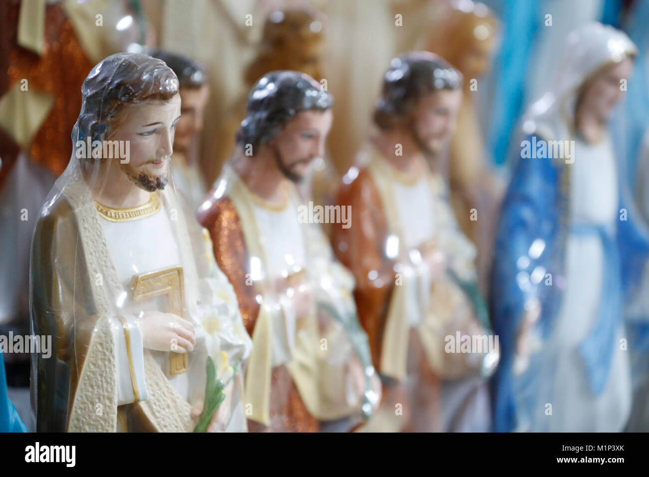 Shop selling religious Christian items including statues of Jesus, Ho