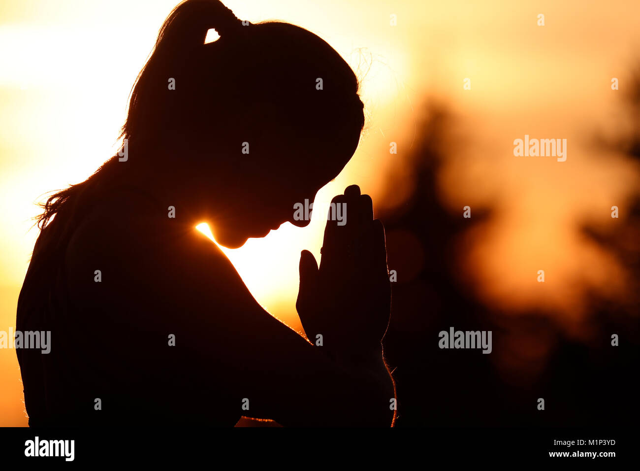 Silhouette of a woman practising yoga against the light of the evening sun, French Alps, France, Europe Stock Photo