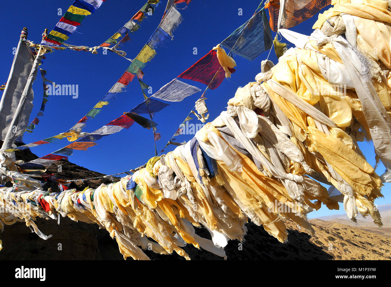 Buddhist prayer flags, Mustang, Nepal, Himalayas, Asia Stock Photo