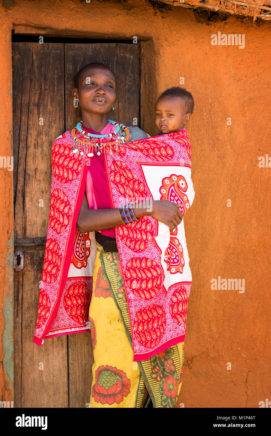 African Masai woman and baby, Masai Mara, Kenya, East Africa, Africa Stock Photo