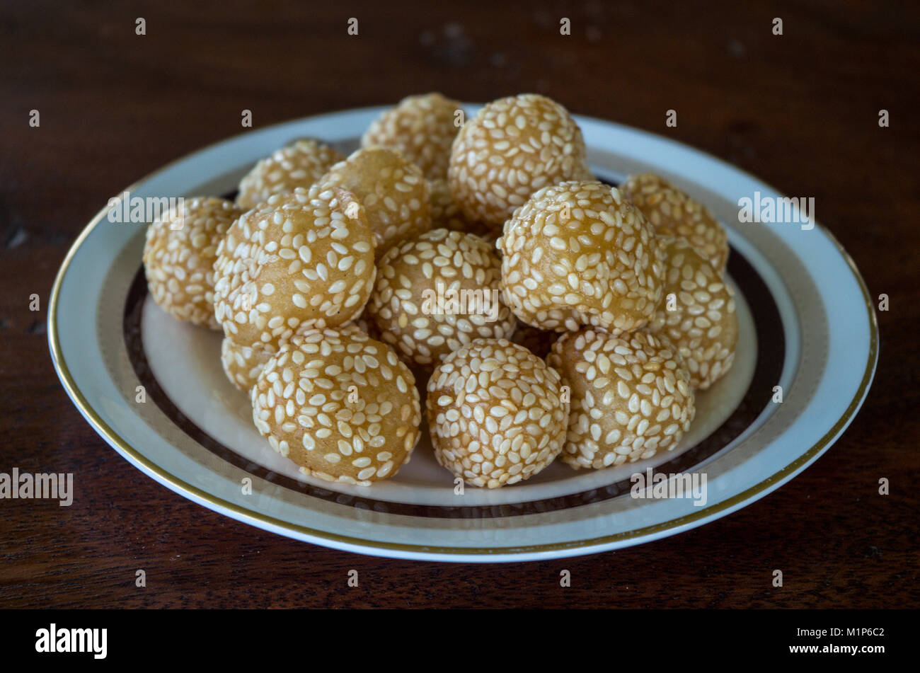 Delicious onde-onde pastry snack in Indonesia on plate Stock Photo