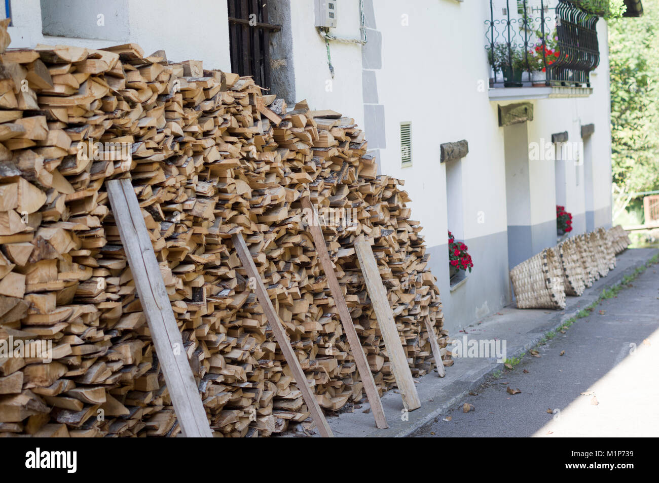 Firewood in a Contry-house, Matxinbenta, Gipuzkoa province, Basque Country, Spain, Europe Stock Photo
