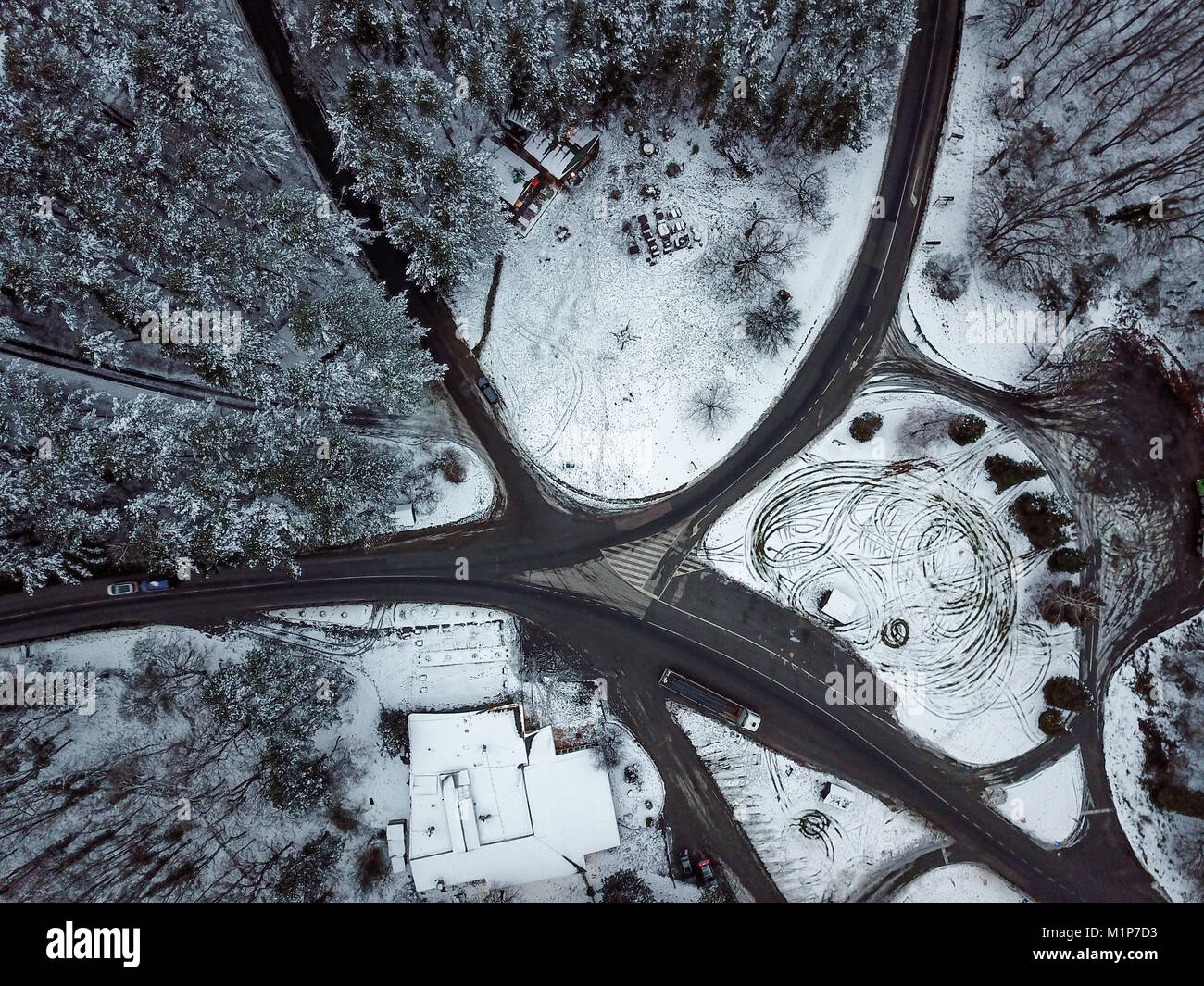 Aerial view snowy forest and road landscape. View from a drone Stock ...