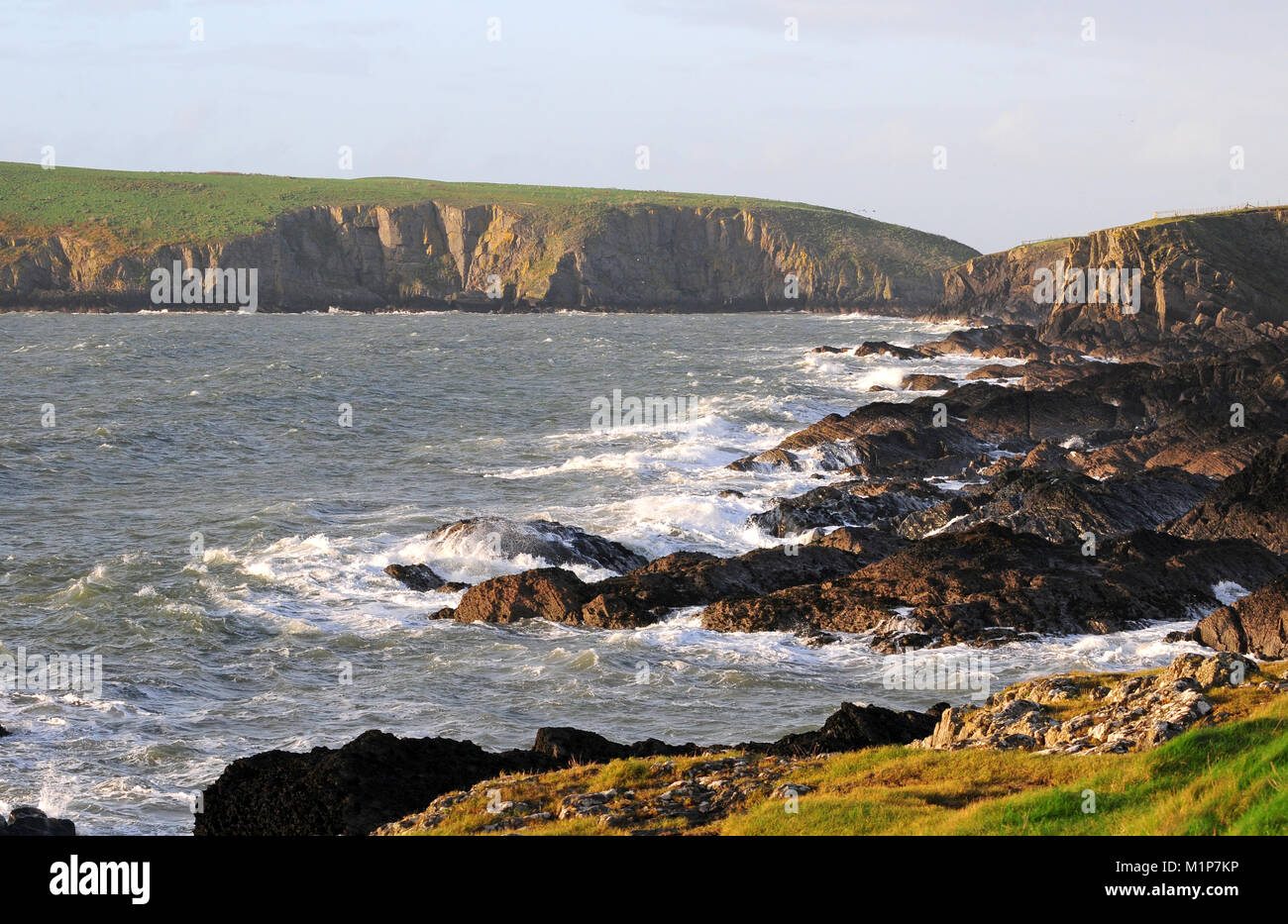 The coast at Gwbert and part of Cardigan Island. Sunset Stock Photo - Alamy