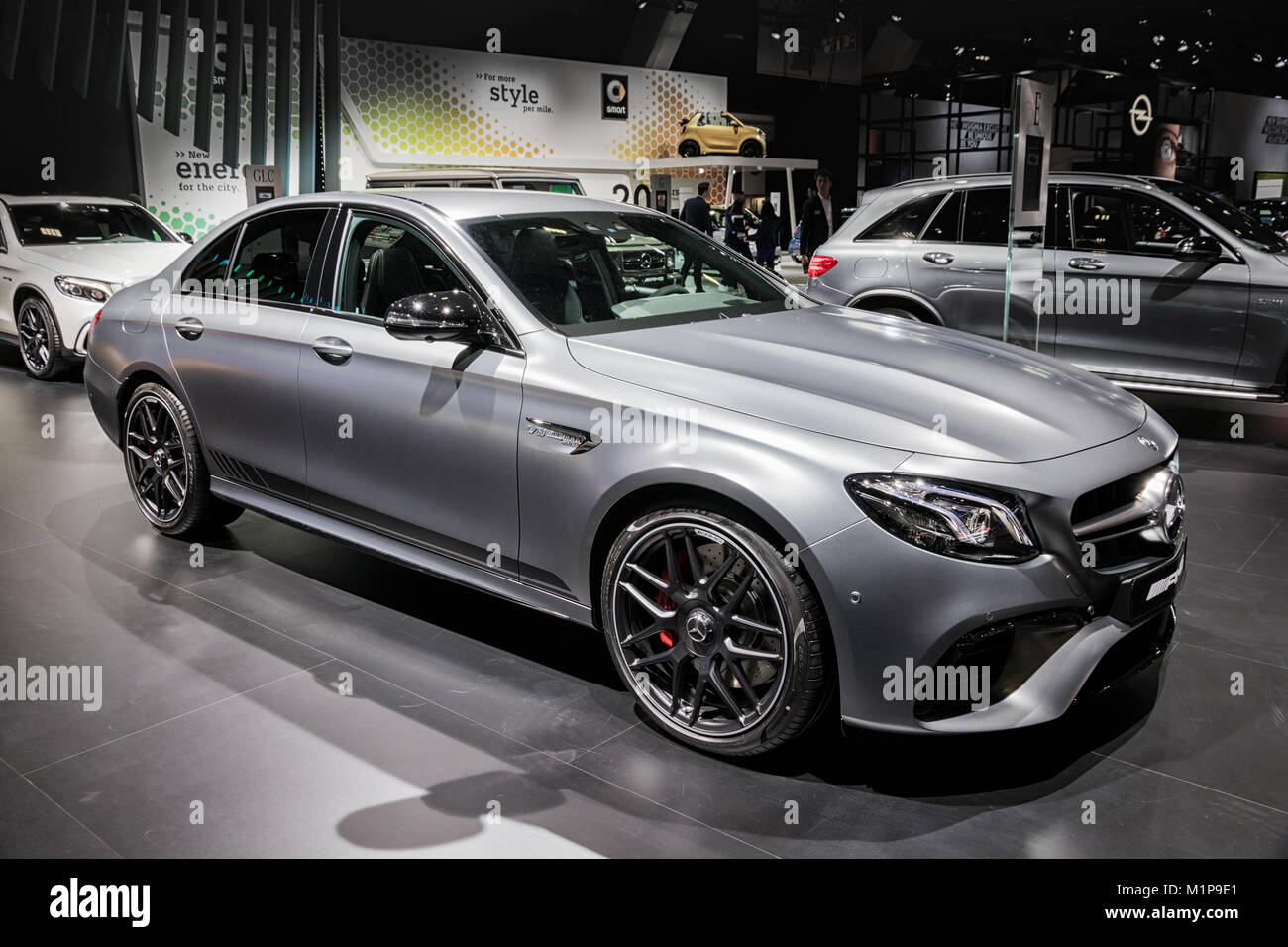 BRUSSELS - JAN 10, 2018: Mercedes AMG E63 S 4MATIC car shown at the Brussels Motor Show. Stock Photo