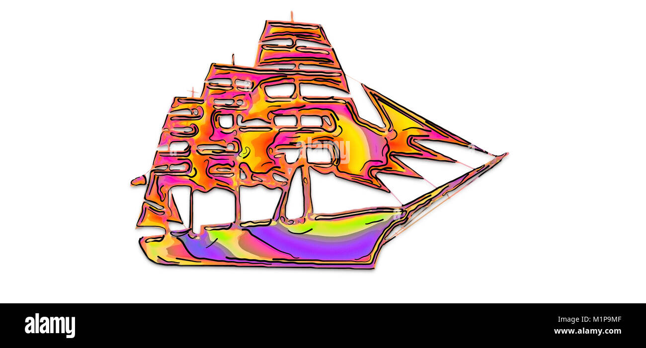 Illustration of a beautiful multi-colored sailing vessel with yellow and red sails on a white background Stock Photo