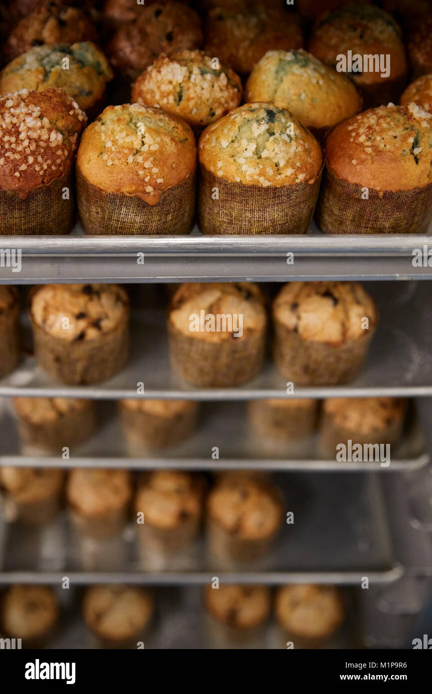 Stacked baking trays of fresh muffins at a bakery, close up Stock Photo