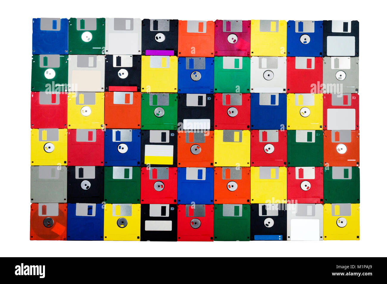 Horizontal shot of a group of multicolored plastic diskettes laid in a solid background with a white background.  Shows fronts and backs of disks. Stock Photo