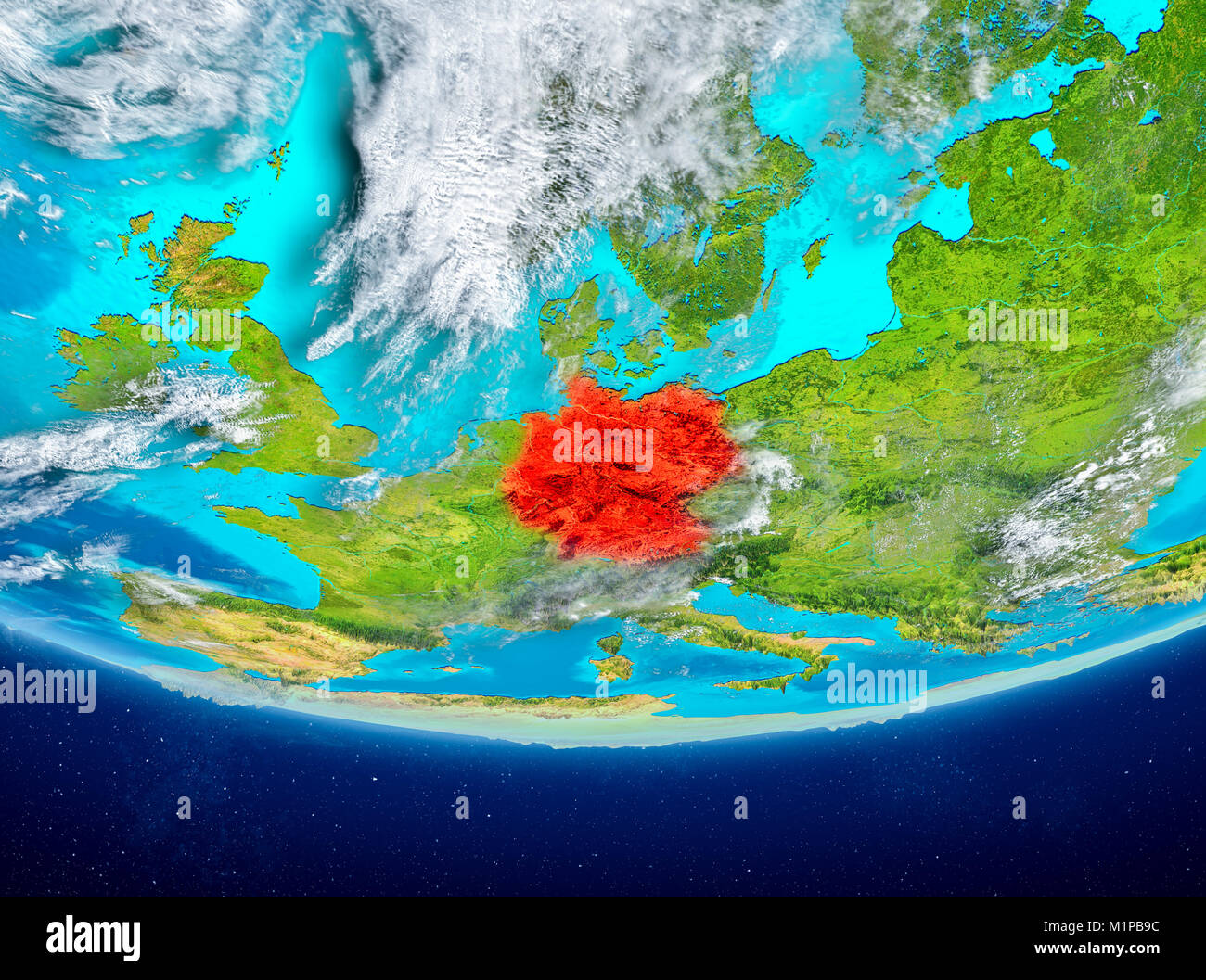 Germany highlighted in red on planet Earth with clouds. 3D illustration. Elements of this image furnished by NASA. Stock Photo