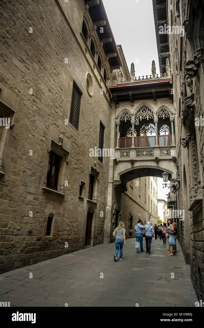 Barri Gotic, the famous gothic quarter in Old Town of Barcelona, Catalonia, Spain. Stock Photo