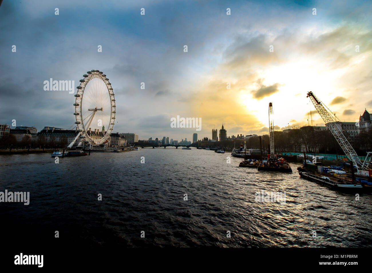 View from Golden Jubilee Bridge over the River Thames with the London Eye, London, England Stock Photo