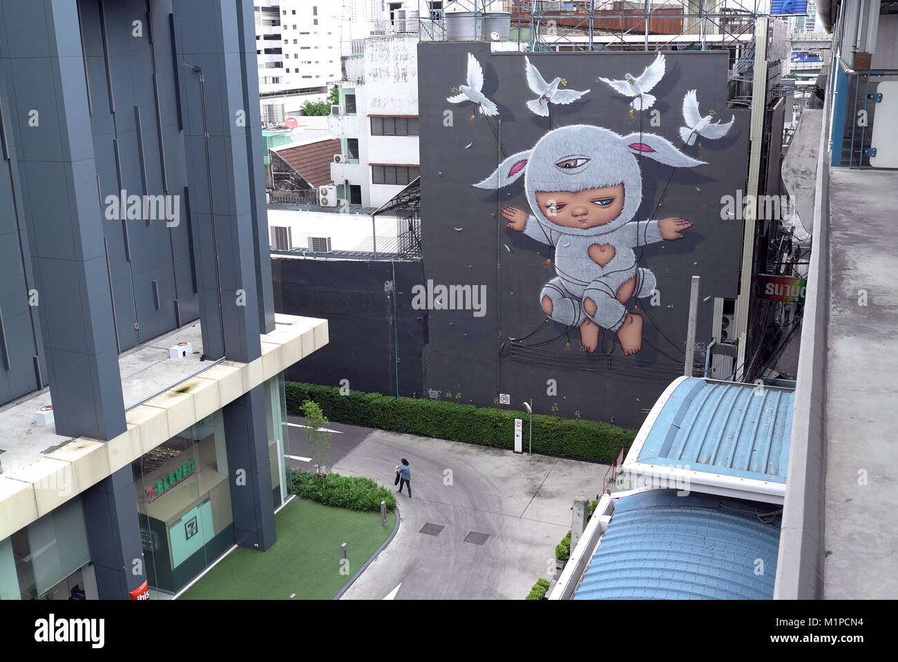 Bangkok, Thailand – June 24, 2016: Mural of graffiti Artist ALEX FACE, who is a well-known street artist in Thailand. Stock Photo