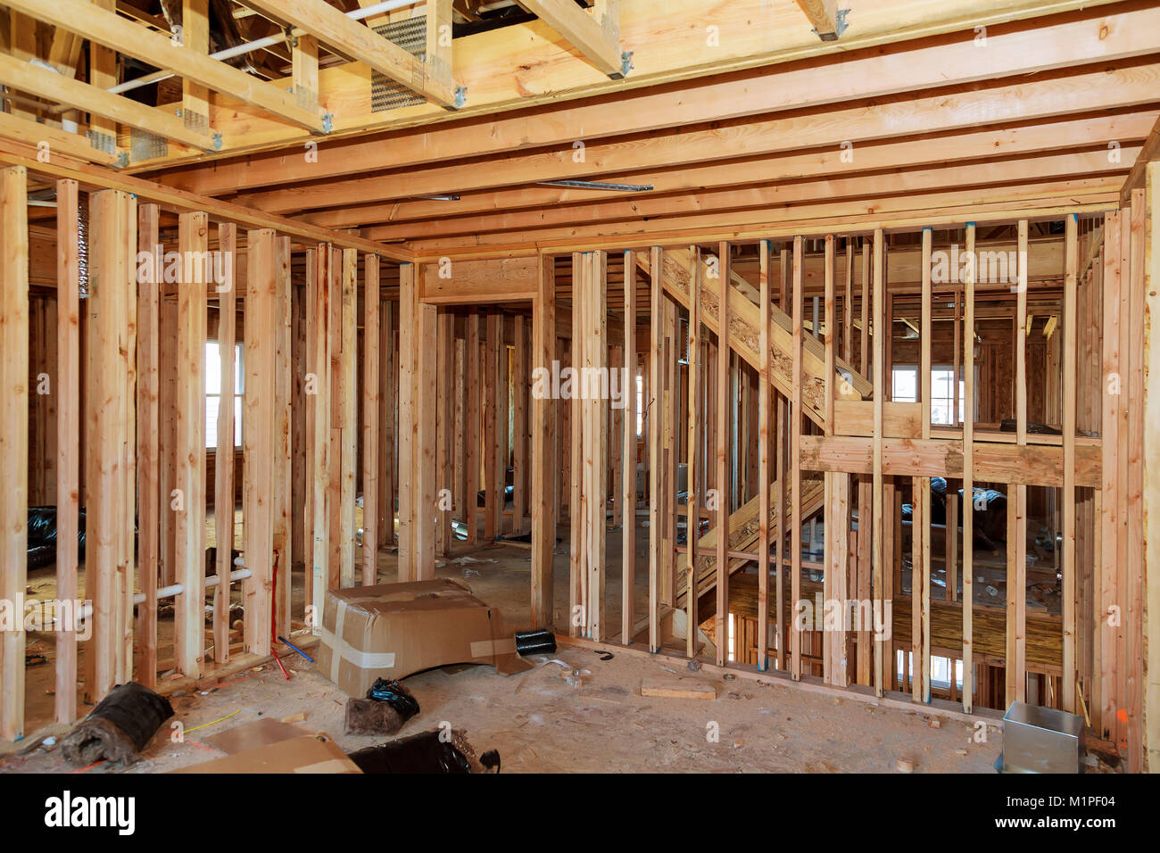 Wood framing work in progress with wood framing walls and ceiling or