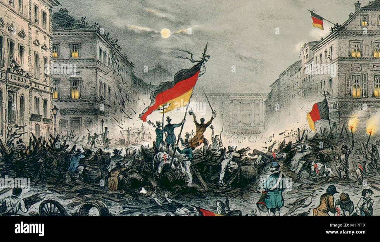 Iconic picture of the 1848 revolution in Berlin. In the painting one can recongnize in the middle and on the bottom edge the flag of the monarchist Revolutionaries. They wanted a unified Germany with a monarch at its head. On the right side one can see two flags of the republican Revolutionaries. They wanted a Republic based on the French example and therefore constructed their flag with vertical stripes, in the style of the French Tricolor. Stock Photo