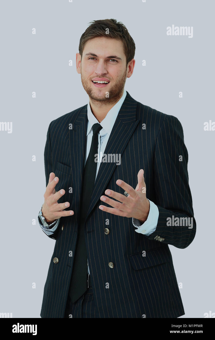 Happy businessman standing looking at camera, smiling. Isolated on ...